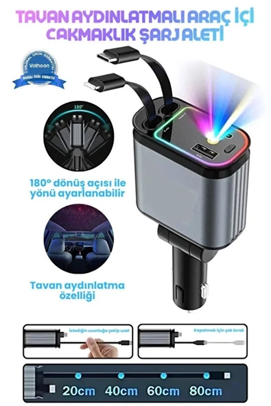 Led Işık Tavan Aydınlatmalı 66w 4 1 Çift Kablolu Hızlı Şarj 3.4a Araç İçi Çakmaklık Şarj Aleti ürün görseli 1