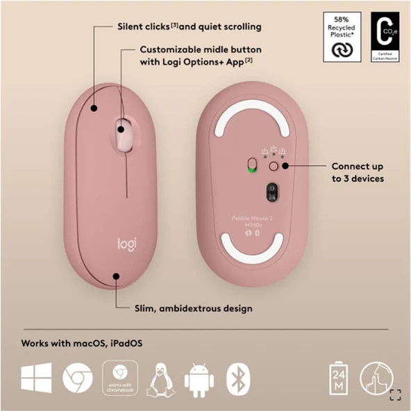 Pebble 2 M350S Kablosuz Bluetooth Sessi̇z Opti̇k Mouse Pembe 910-007014 ürün görseli 1