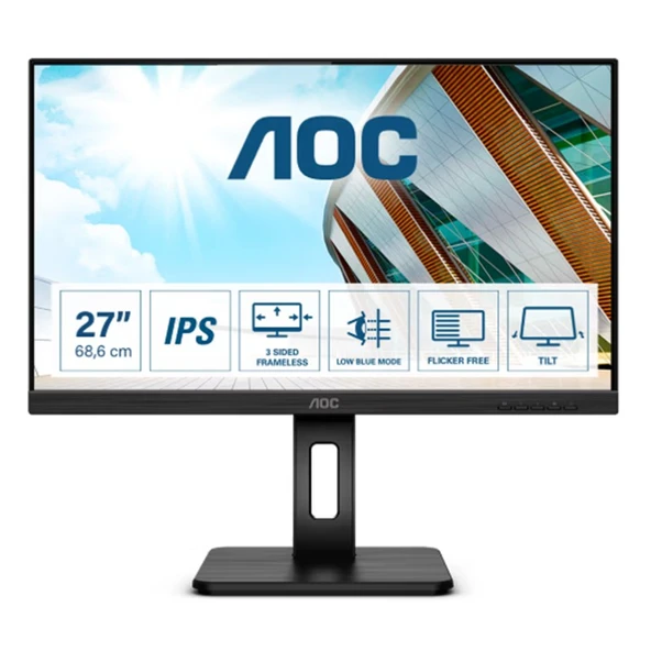 27 Aoc Q27P2Q Ips 4Ms 75Mhz 1Xvga 1Xhdmi 1Xdp 1Xdvi 2K Qhd 2560X1440 Hoparlör Yüksekli̇k Ayari Pivot Vesa Si̇yah ürün görseli 1