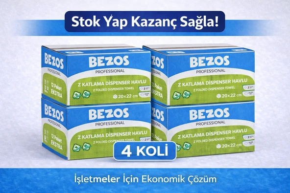 Bezos Z Katlamalı Dispenser Havlu 2 Katlı 20X22 Cm Selüloz 4 Koli Avantaj Paket ürün görseli 1