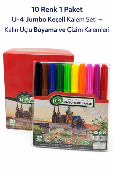 U-4 Keçeli Kalem Seti 10 Renk – Kalın Uçlu Boyama Çizim Kalemi Seti (1 Paket) ürün görseli 1