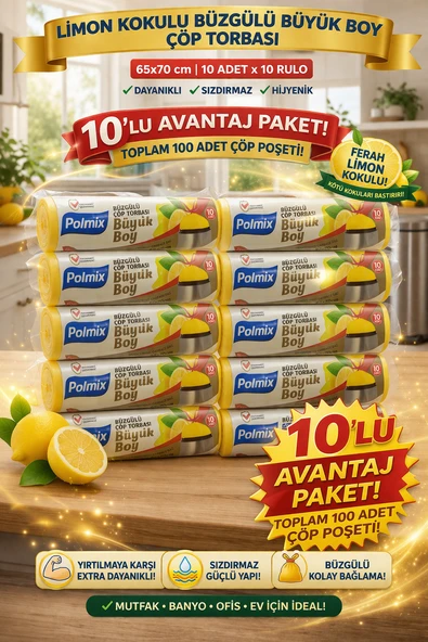 Polmix Limon Kokulu Büzgülü Büyük Boy Torbası 65X70 Cm 10'Lu 10 Paket Dayanıklı Sızdırmaz Poşeti ürün görseli 1