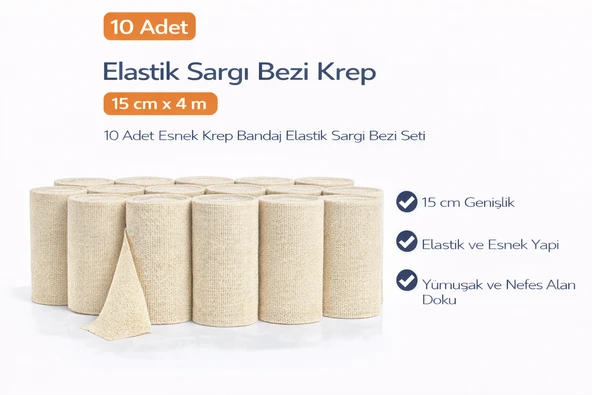 Elastik Sargı Bezi Krep 15 Cm X 4 M 10 Adet Esnek Krep Bandaj Elastik Sargı Bezi Seti ürün görseli 1