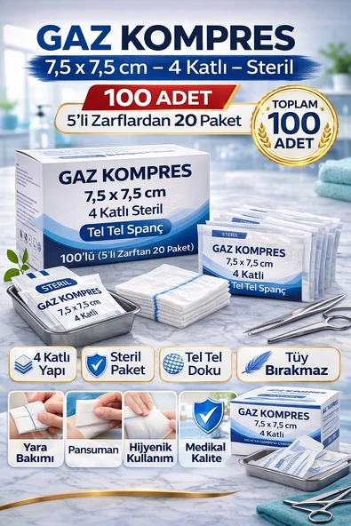 Kompres 7,5X7,5 Cm 4 Katlı Steril 100 Adet Tel Tel Spanç (5’Li Zarflardan 20 Paket)1 Kutu ürün görseli 1