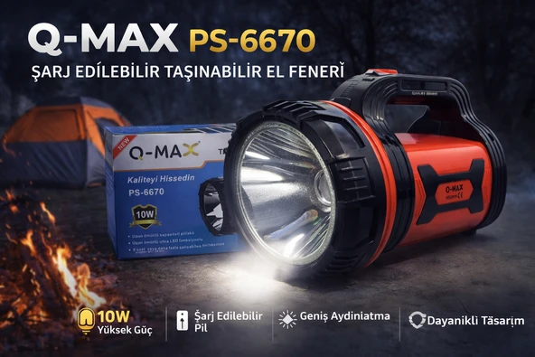 Q-Max Ps-6670 Şarj Edilebilir El Feneri 10W Güçlü Led Taşınabilir Uzun Ömürlü Projektör Fener ürün görseli 1