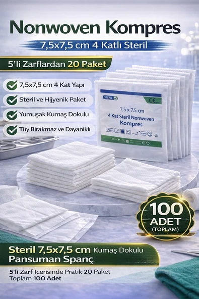 Nonwoven Kompres 7,5X7,5 Cm 4 Katlı Steril 100 Adet (5’Li Zarflardan 20 Paket) Pansuman Spanç 1 Kutu ürün görseli 1