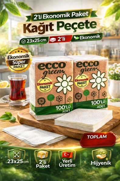 Green Kağıt Peçete 100’Lü 2 Adet 23X25 Cm Ekonomik Paket ürün görseli 1