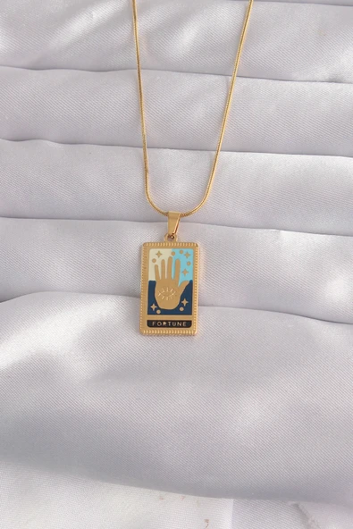 316L Çelik Gold Renk Karışık Mineli El Figür Tarot Kolye ürün görseli 1