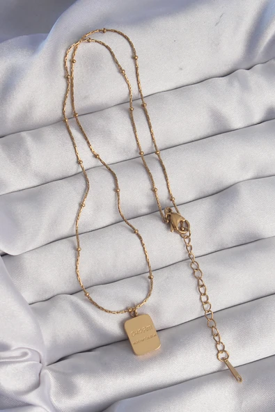 316L Çelik Gold Renk Kare Charm Model Kolye - Resim 2