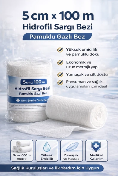5 Cm X 100 M Hidrofil Sargı Bezi Pamuklu Gazlı Bez Yüksek Emici Sargı Bezi ürün görseli 1