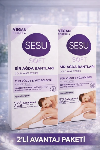 Sesu Sir Ağda Bantları 32 Adet Vegan Formula Tüm Vücut Yüz İçin Soğuk Ağda Bandı 2'Li Paket ürün görseli 1