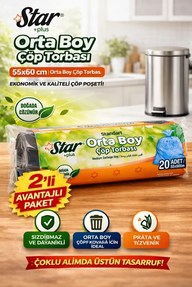 Orta Boy Torbası 20'Li 2 Paket 55X60 Cm Dayanıklı Sızdırmaz Orta Boy Poşeti ürün görseli 1
