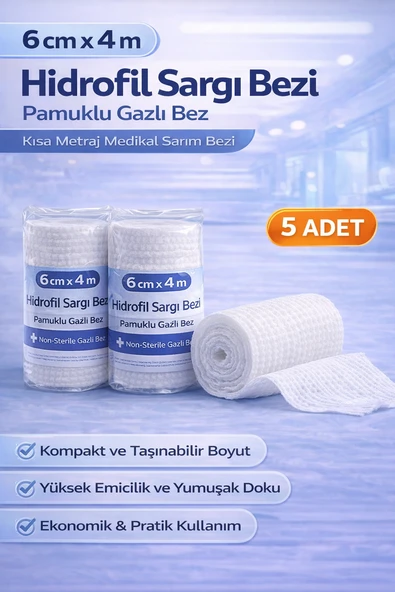 6 Cm X 4 M Hidrofil Sargı Bezi Pamuklu Gazlı Bez Kısa Metraj Sarım Bezi 5 Adet ürün görseli 1