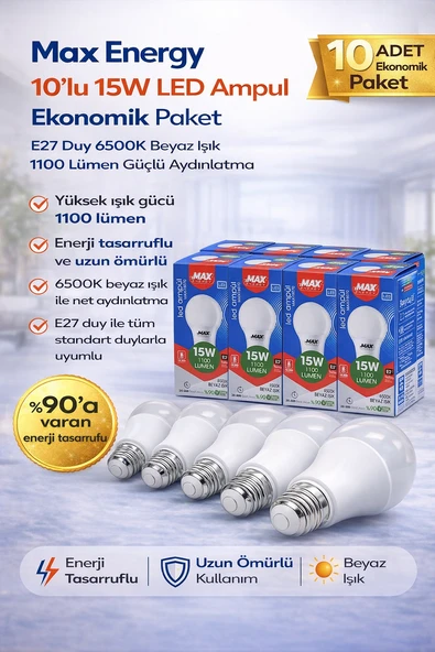 15W Led Ampul E27 Duy 6500K Beyaz Işık 1100 Lümen Tasarruflu Ampul 10 Adet ürün görseli 1