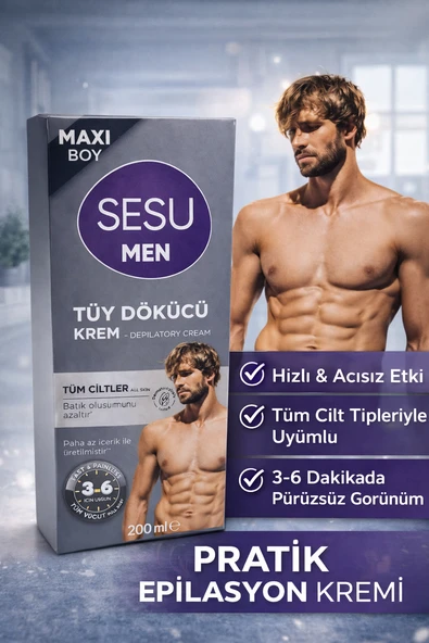Sesu Men Tüy Dökücü Krem 200 Ml Maxi Boy Erkekler İçin Hızlı Etkili Depilasyon Kremi ürün görseli 1