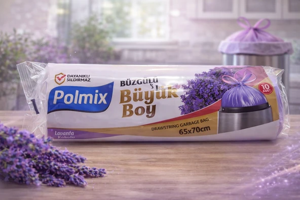 Polmix Lavanta Kokulu Büzgülü Torbası Büyük Boy 65X70 Cm 10'Lu 1 Paket Dayanıklı Sızdırmaz Poşeti ürün görseli 1
