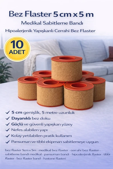 Bez Flaster 5 Cm X 5 M Sabitleyici Bant Güçlü Yapışkanlı 10 Adet ürün görseli 1