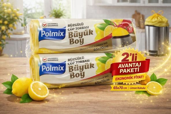 Polmix Limon Kokulu Büzgülü Büyük Boy Torbası 65X70 Cm 10'Lu 2 Paket Dayanıklı Sızdırmaz Poşeti ürün görseli 1