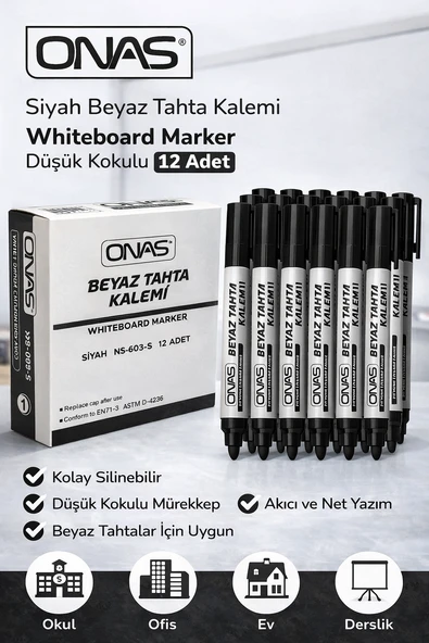 Onas Siyah Beyaz Tahta Kalemi Whiteboard Marker Düşük Kokulu 12 Adet Kutu ürün görseli 1
