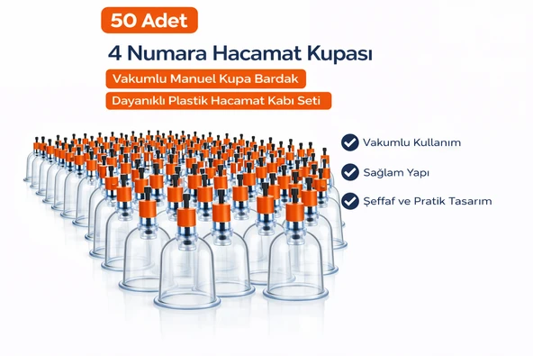4 Numara Hacamat Kupası 50 Adet Vakumlu Manuel Kupa Bardak Dayanıklı Plastik Hacamat Kabı ürün görseli 1