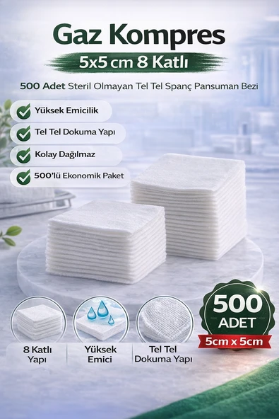 Kompres 5X5 Cm 8 Katlı 500 Adet Steril Olmayan Tel Tel Spanç Pansuman Bezi ürün görseli 1