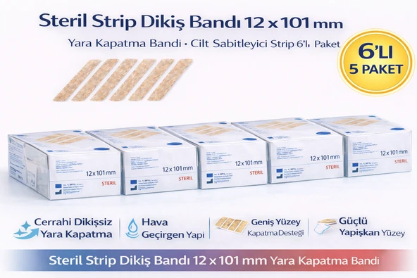 Steril Strip Dikiş Bandı 12 X 101 Mm Yara Kapatma Bandı Cilt Sabitleyici Strip 6’Lı 5 Paket ürün görseli 1