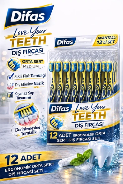 Difaş Love Your Teeth Fırçası 12 Adet Standlı Orta Sert Medium Ergonomik Saplı Manuel Fırçası Seti ürün görseli 1