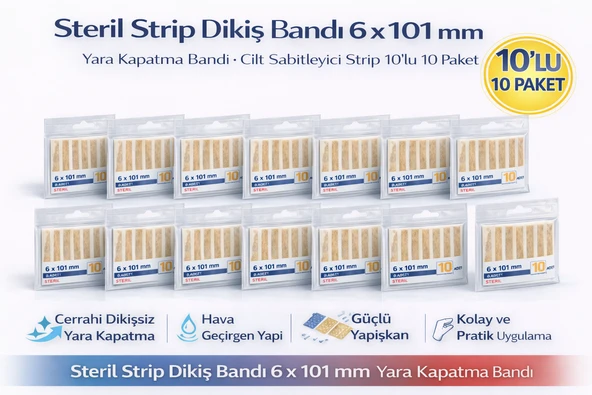 Steril Strip Dikiş Bandı 6 X 101 Mm Yara Kapatma Bandı Cilt Sabitleyici Strip 10Lu 10 Paket ürün görseli 1