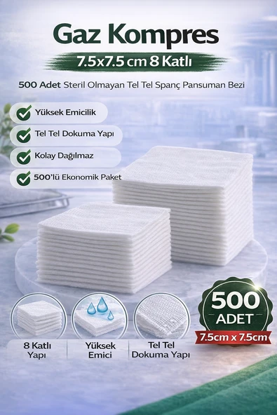 Kompres 7,5X7,5 Cm 8 Katlı 500 Adet Steril Olmayan Tel Tel Spanç Pansuman Bezi ürün görseli 1