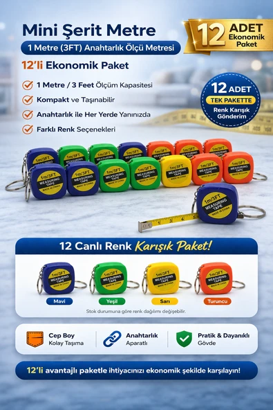 Mini Şerit Metre 1 Metre 3Ft Anahtarlık Ölçü Metresi Taşınabilir Cep Metre 12 Adet ürün görseli 1