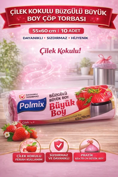Polmix Çilek Kokulu Büzgülü Büyük Boy Torbası 65X70 Cm 10'Lu 1 Paket Dayanıklı Sızdırmaz Poşeti ürün görseli 1