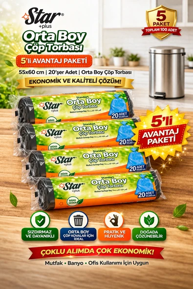 Orta Boy Torbası 20'Li 5 Paket 55X60 Cm Dayanıklı Sızdırmaz Orta Boy Poşeti ürün görseli 1