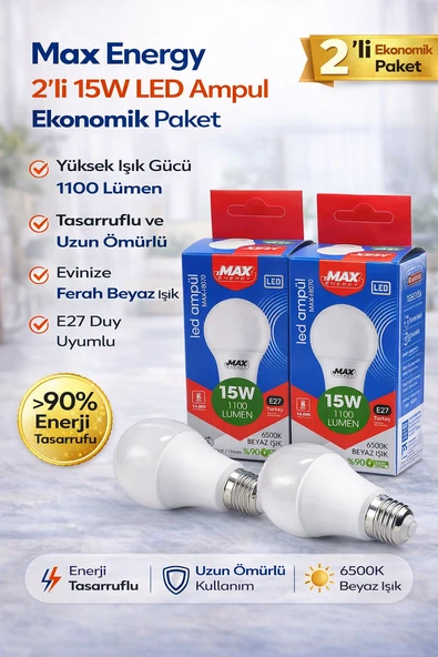 15W Led Ampul E27 Duy 6500K Beyaz Işık 1100 Lümen Tasarruflu Ampul 2 Adet ürün görseli 1