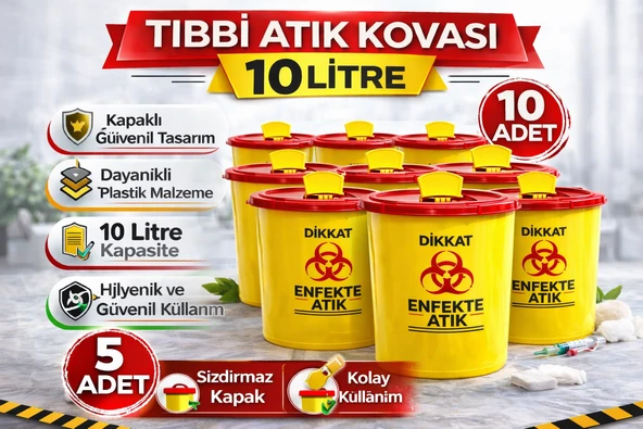 Atık Kovası 10 Litre 10 Adet Kapaklı Atık Kutusu Enfekte Atık Kovası Seti ürün görseli 1