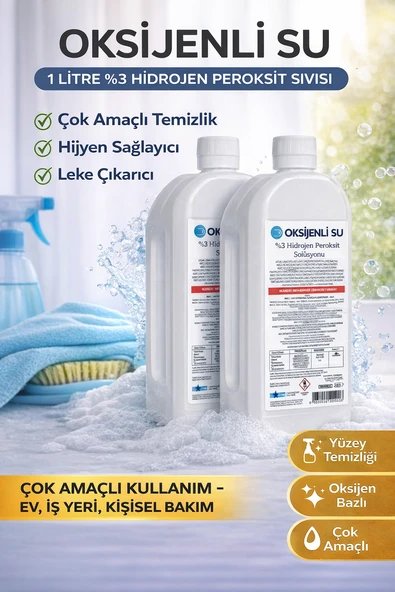 Oksijenli Su 1 Litre 2 Adet Set %3 Hidrojen Peroksit Solüsyonu Çok Amaçlı Temizlik Hijyen Sıvısı ürün görseli 1