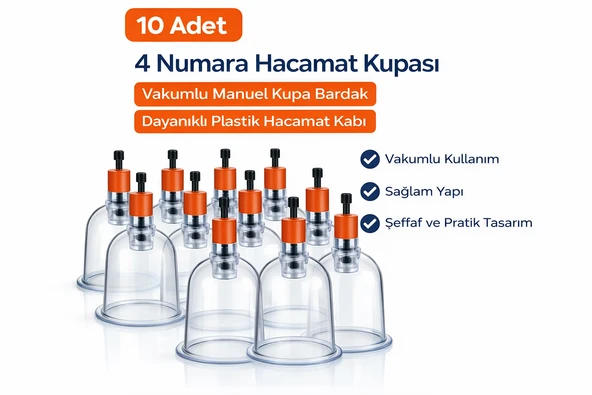 4 Numara Hacamat Kupası 10 Adet Vakumlu Manuel Kupa Bardak Dayanıklı Plastik Hacamat Kabı ürün görseli 1