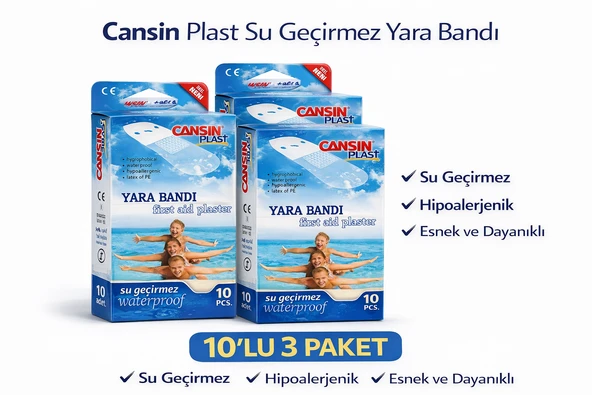 Cansın Plast Su Geçirmez Yara Bandı 10'Lu 3 Paket Waterproof First Aid Plaster ürün görseli 1