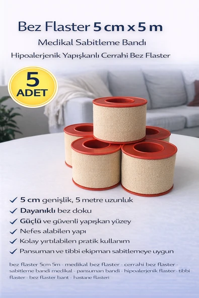 Bez Flaster 5 Cm X 5 M Sabitleme Bandı Hipoalerjenik Yapışkanlı Cerrahi Bez Flaster 5 Adet ürün görseli 1