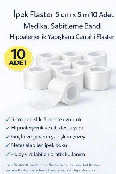 İpek Flaster 5 Cm X 5 M 10 Adet Sabitleme Bandı Hipoalerjenik Yapışkanlı Cerrahi Flaster ürün görseli 1