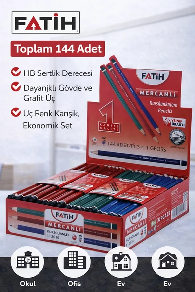 Fatih Mercanlı 12010 Hb Kurşun Kalem Silgisiz 144 Adet Karışık Renk ürün görseli 1