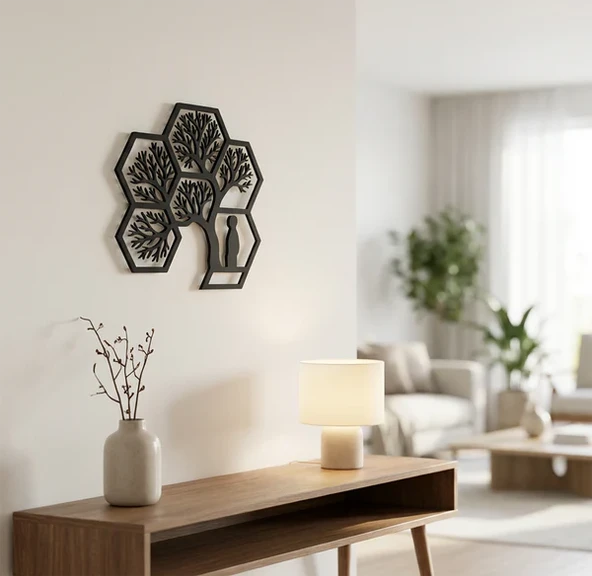 Hayat Ağacı Duvar Tablosu Mdf Kesim Altıgen Geometrik Duvar Süsü ürün görseli 1