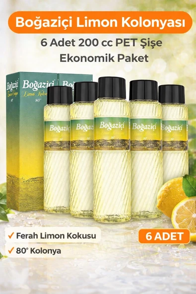 Boğaziçi Limon Kolonyası 200 Cc Pet Şişe 6 Adet 80° Ferahlatıcı Limon Kokulu Kolonya Ekonomik Paket ürün görseli 1