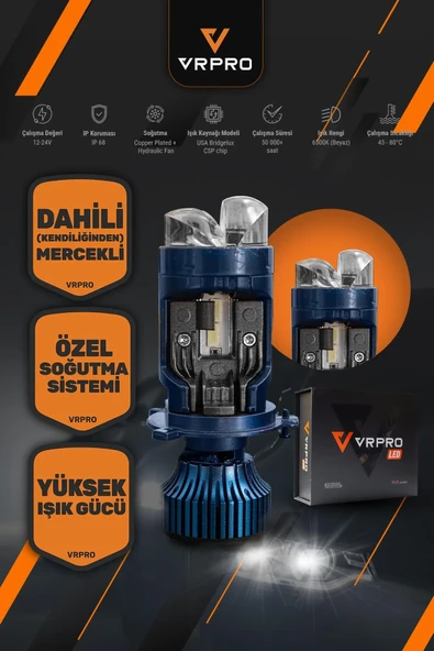 H4 Platinum Mercekli Led Far Ampulü 12V Çift Fazlı Uzun Kısa Fanlı Beyaz Işık ürün görseli 1