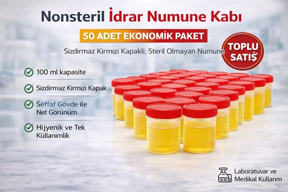 Nonsteril İdrar Numune Kabı 100 Ml Sızdırmaz Kapaklı Steril Olmayan Numune Kabı Laboratuvar Kullanım 50 Adet ürün görseli 1
