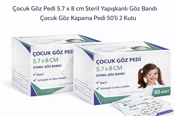 Çocuk Göz Pedi 5.7 X 8 Cm Steril Yapışkanlı Göz Bandı Desenli Çocuk Göz Kapama Pedi 50’Li 2 Kutu ürün görseli 1