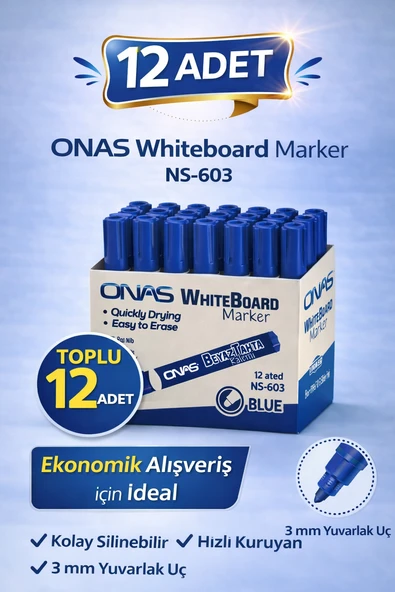Onas Whiteboard Marker Ns-603 Tahta Kalemi 3 Mm Yuvarlak Uç 12 Adet ürün görseli 1