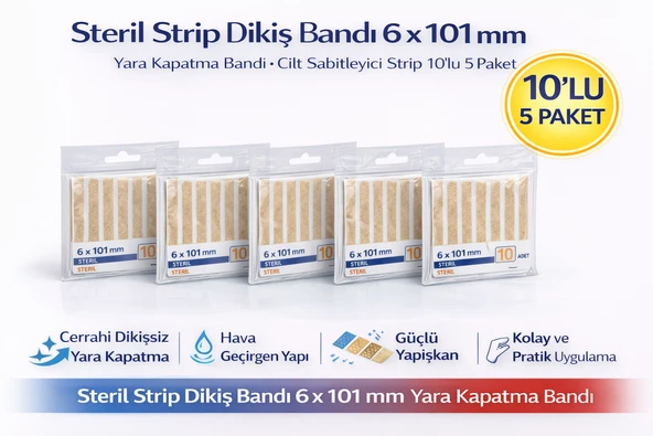 Steril Strip Dikiş Bandı 6 X 101 Mm Yara Kapatma Bandı Cilt Sabitleyici Strip 10Lu 5 Paket ürün görseli 1