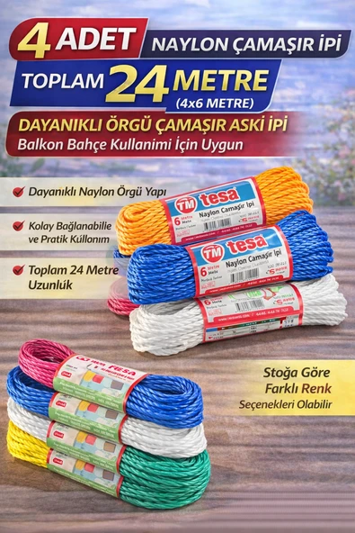 4 Adet Naylon Çamaşır İpi 6 Metre Dayanıklı Örgü Çamaşır Askı İpi Toplam 24 Metre ürün görseli 1