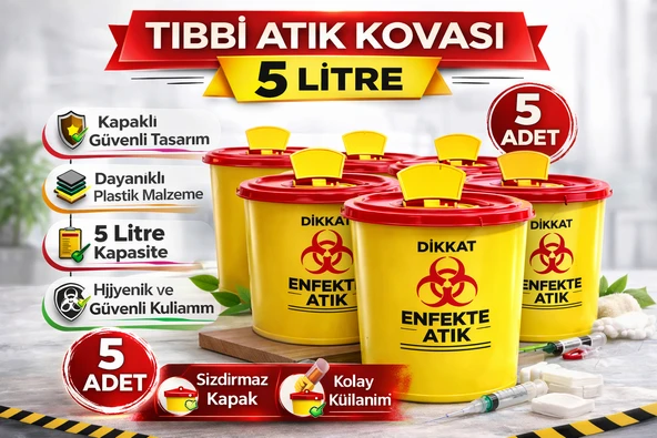Atık Kovası 5 Litre 5 Adet Kapaklı Atık Kutusu Enfekte Atık Kovası ürün görseli 1