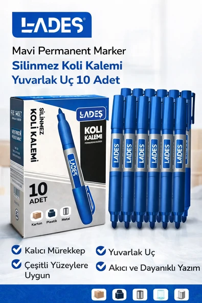 Lades Permanent Marker Silinmez Koli Kalemi Yuvarlak Uç 10 Adet ürün görseli 1